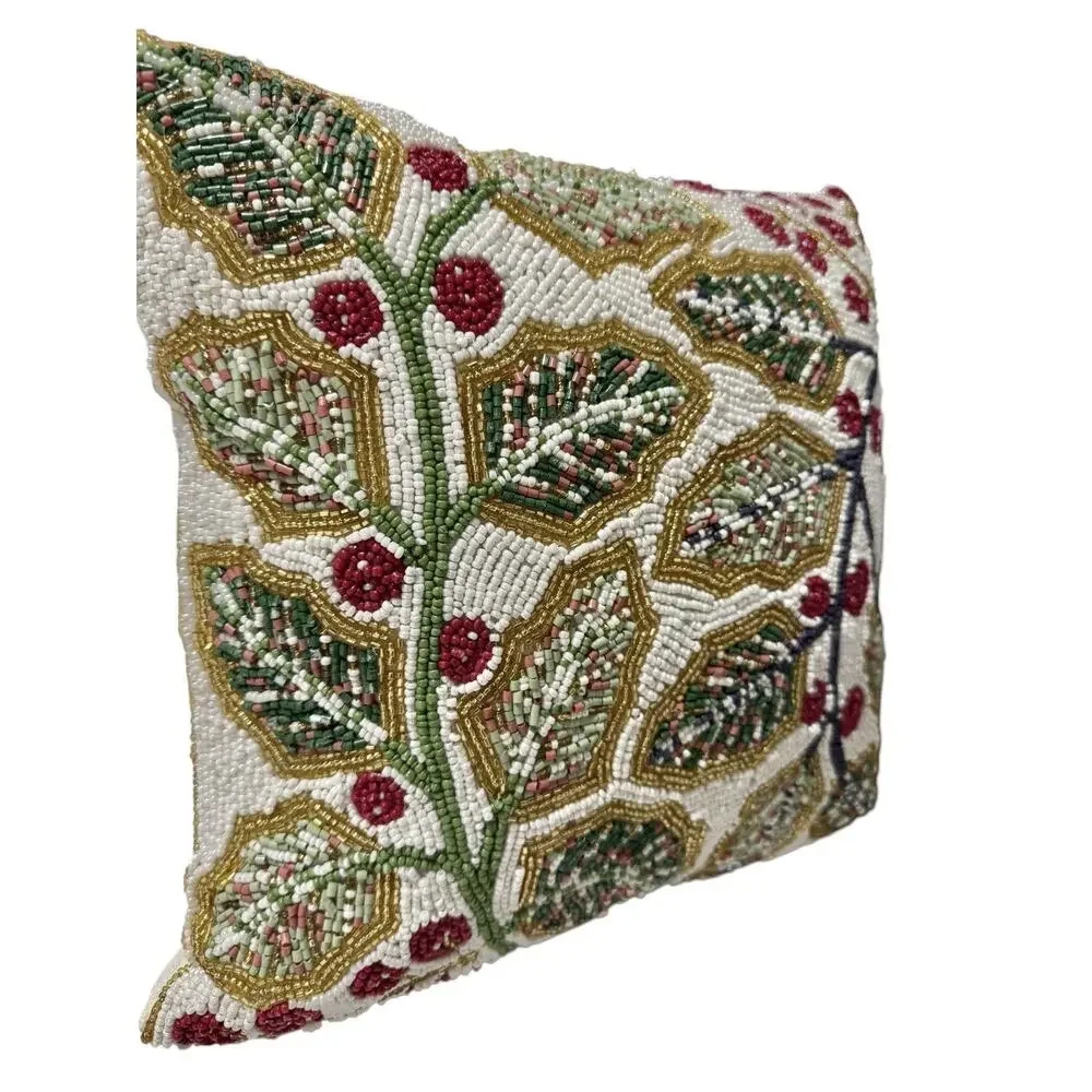 Christmas Throw Pillow Leaves Hand Beaded‎ Gold Accent Holiday Sparkle Rare